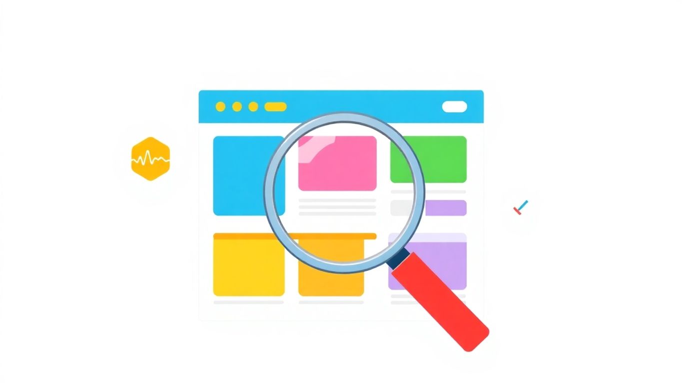 Website pages and performance information being reviewed with a magnifying glass