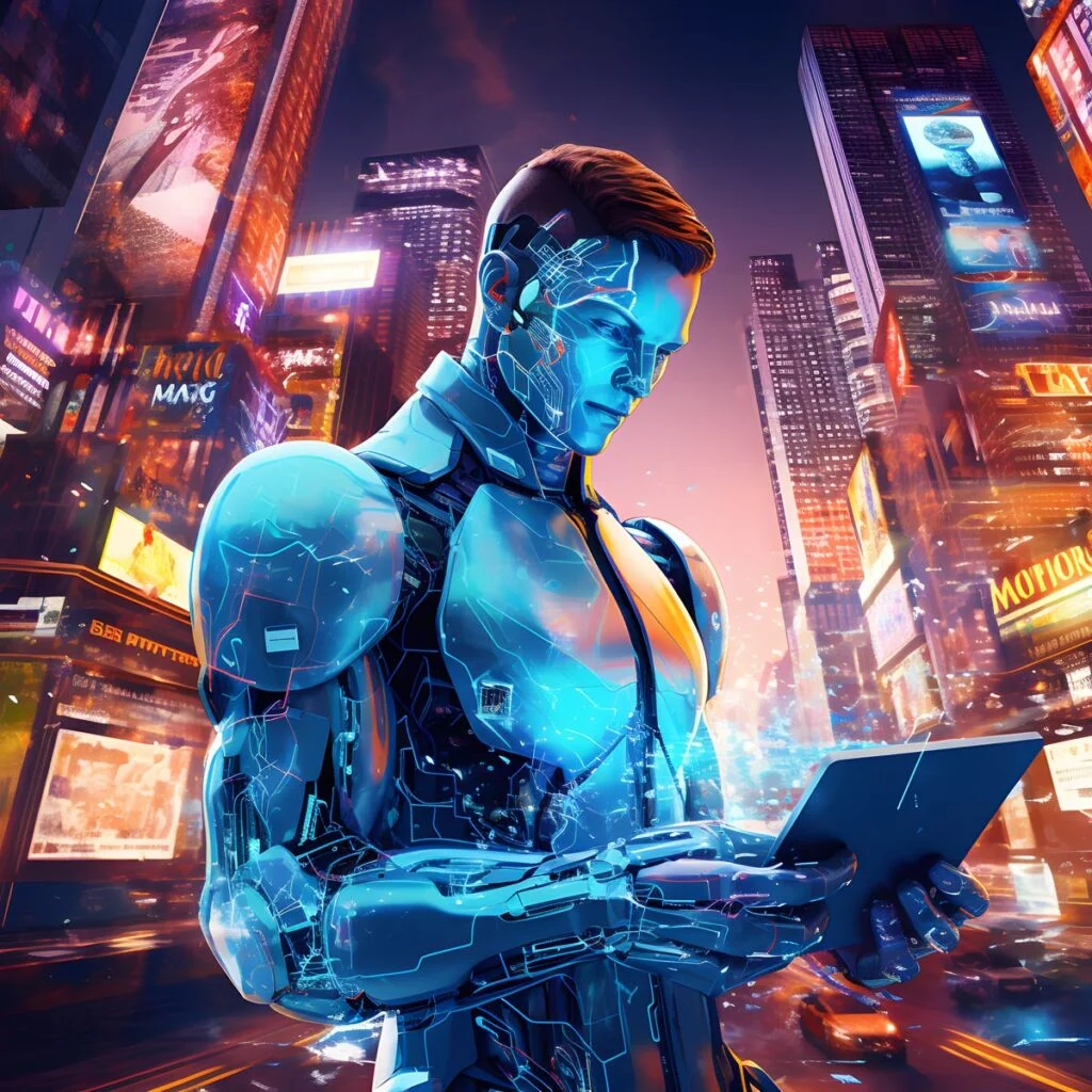 A futuristic robot reading a map