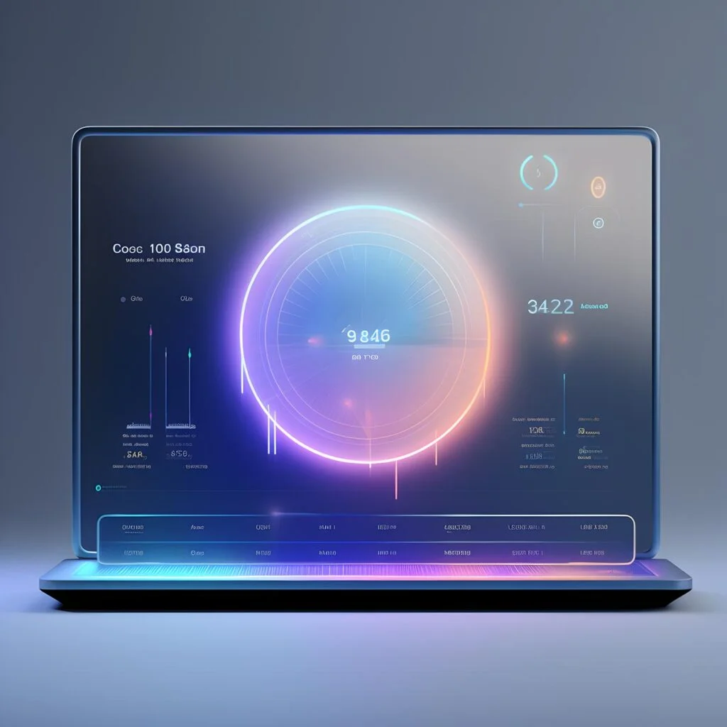 An ultra modern digital art piece displaying a computer and website page with a counter.