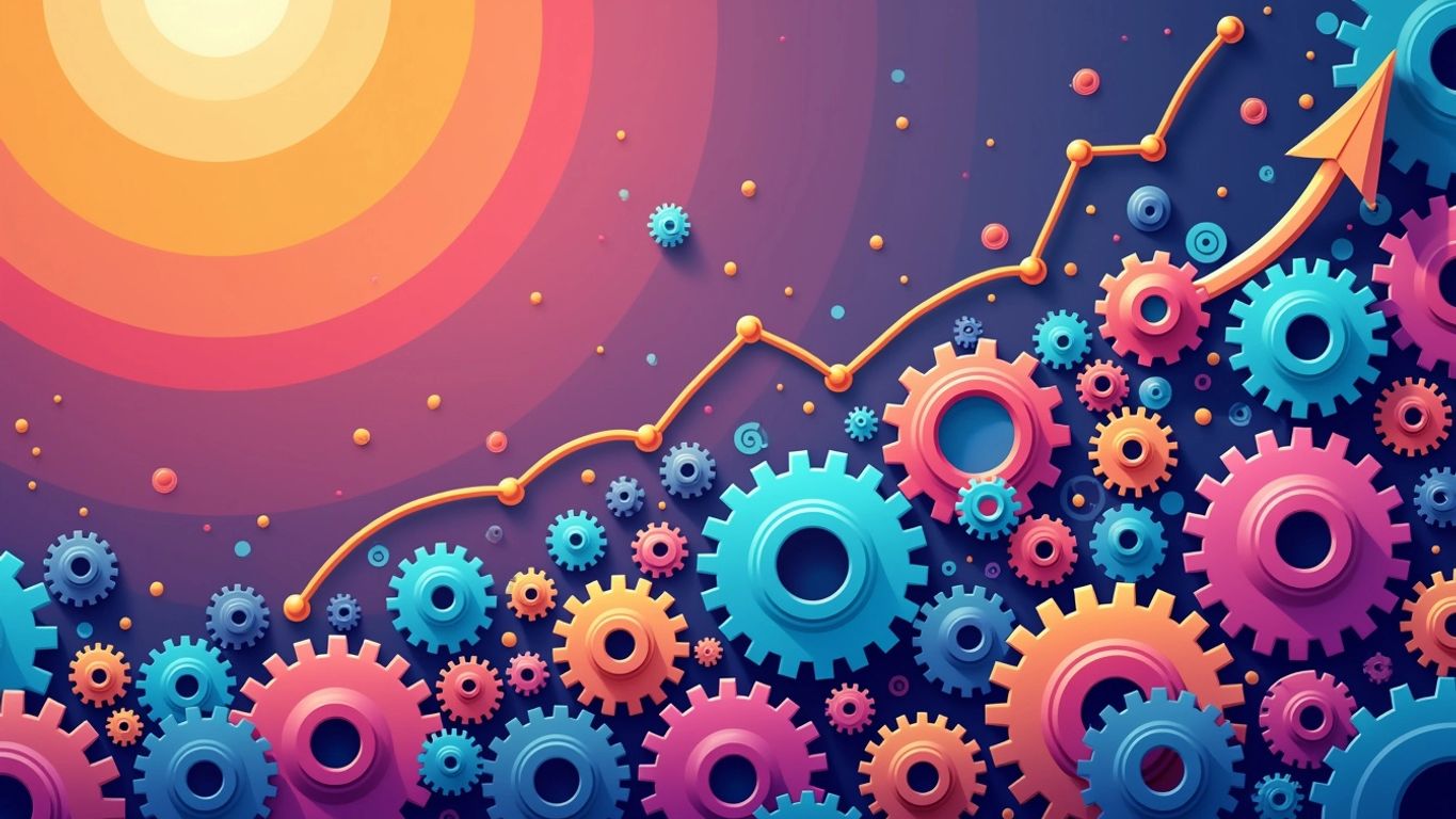 SEO optimisation services. Illustration of gears representing business growth and collaboration.