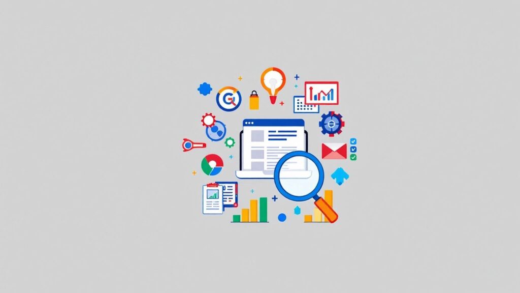 SEO icons and elements with vibrant colours and clean background.